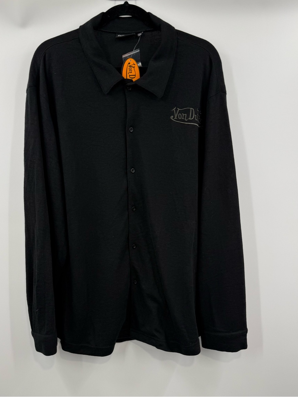 Von Dutch Black Waffle Knit Button Front Shirt Rhinestone Logo Size XL